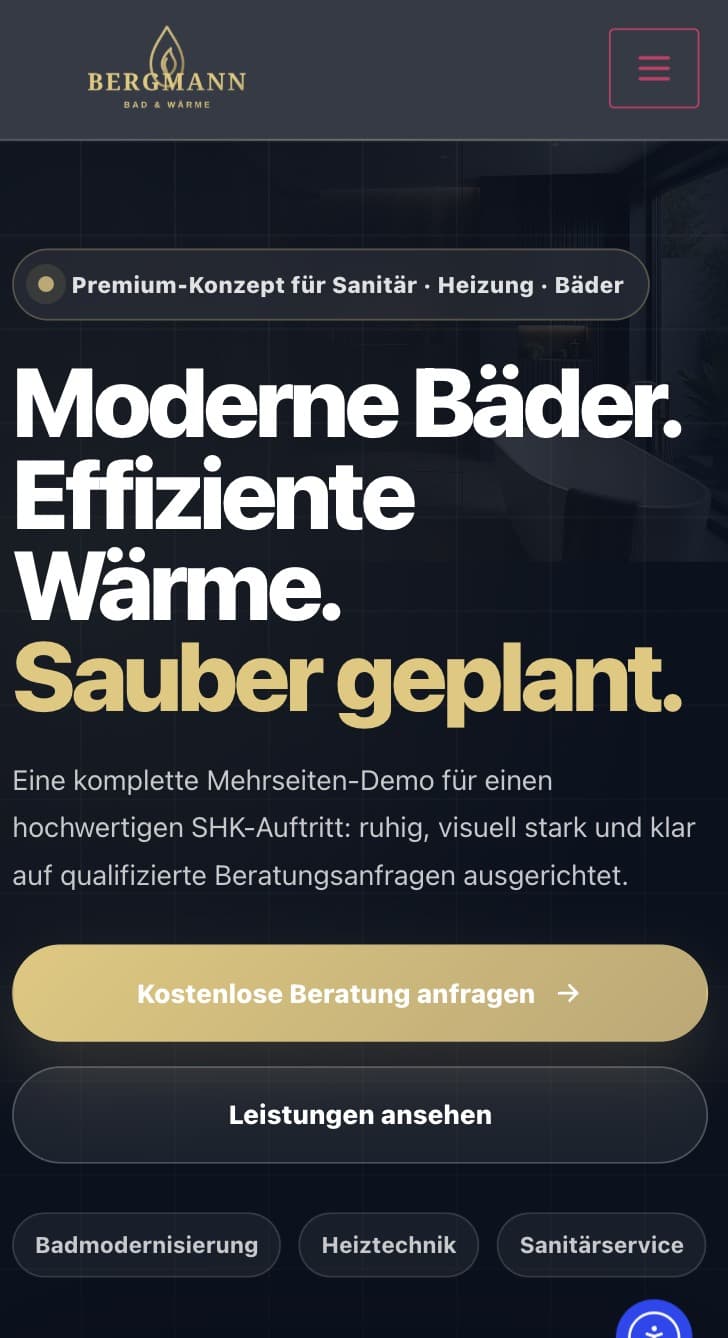 Mobile view of the Bergmann Bad & Wärme home-services design study
